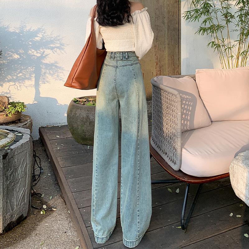 Women's High Waist Distressed Retro Jeans: Wide-Leg, Slim Drape Trousers for Spring and Autumn