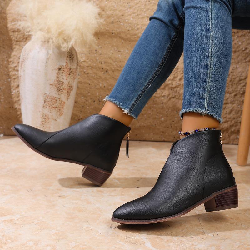 Damen Stiefeletten 2025 Herbst Winter Retro Spitzzehen Chelsea Boots PU-Leder Damen Mittelhoher Blockabsatz Kurze Stiefel Botas Mujer