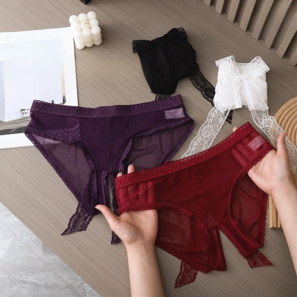 Women's Panties Permeable Hollow Out Low-Rise Bowknot Crotchless Lace Lace Trim Underwear Sexy Briefs