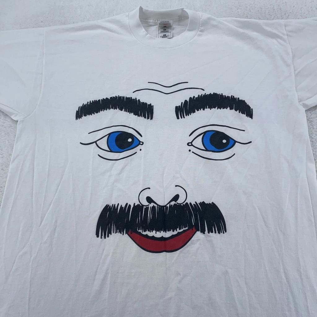 Vintage Big Mustache Face Man Shirt Mens L/XL Face Graphic Unique 90s Tee Funny