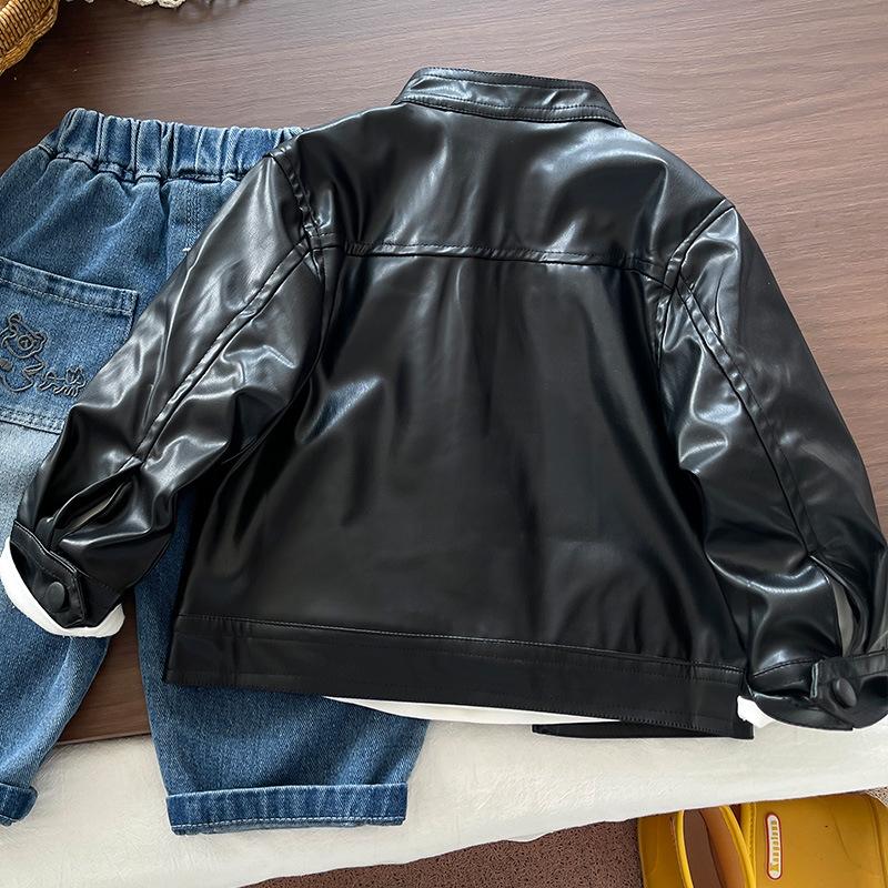 Boys Thin Faux Leather Jacket Spring Autumn Cool Kids Coat Baby Fashion Outerwear