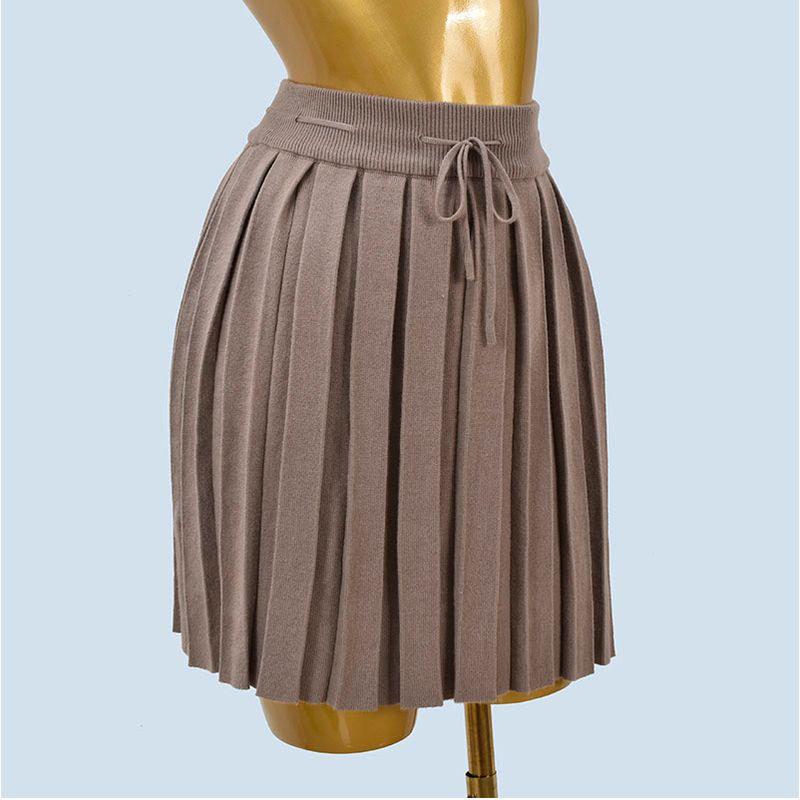 Sweet Pure Style Spring Elastic Drawstring Pleated Knitting Skirt Preppy Style Stylish Slim Looking A- Line Skirt