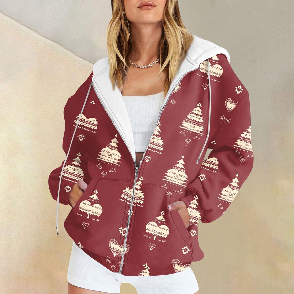 Women's Christmas Printed Sweatshirt Winter Long Sleeve Cardigan Jacket With Pockets Zipper Hoodie Outerwear