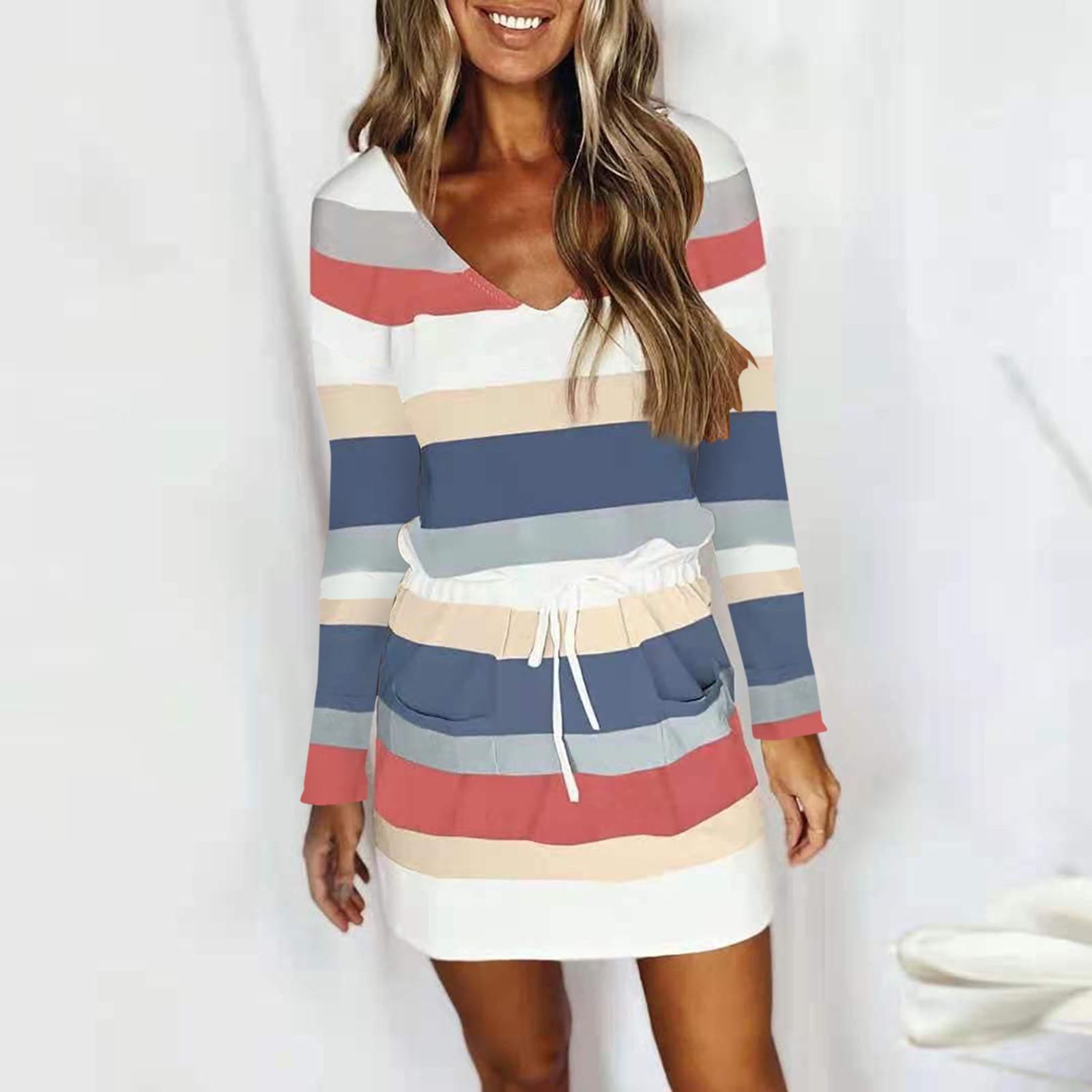 Women s Fasion Casual Stripe Printed Waist Tie Pocket  A-line Long-sleeve Dress S синий