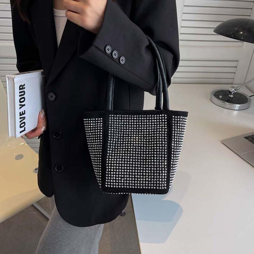 Elegant Sparkling Square Bag PU Bucket Handbag Fashion Bright Rhinestone Shoulder Bag Shopping