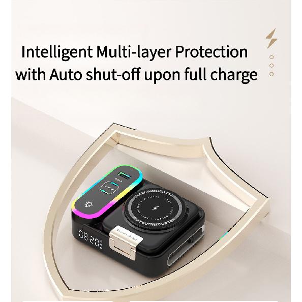 8 in 1 Magnetic Wireless Charger Retractable USB-C Cable RGB Ambient Light Alarm Clock Multi-Device Desk Station