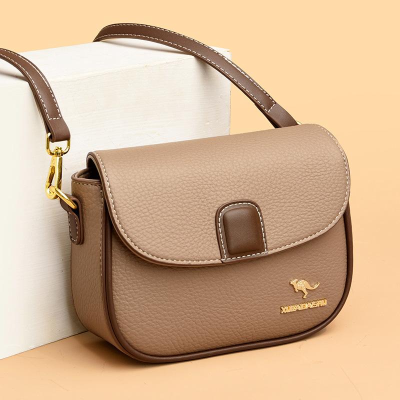 Genuine Leather Simple Style Small Shoulder Messenger Bag for Women Solid Color Wide Strap Crossbody Bag