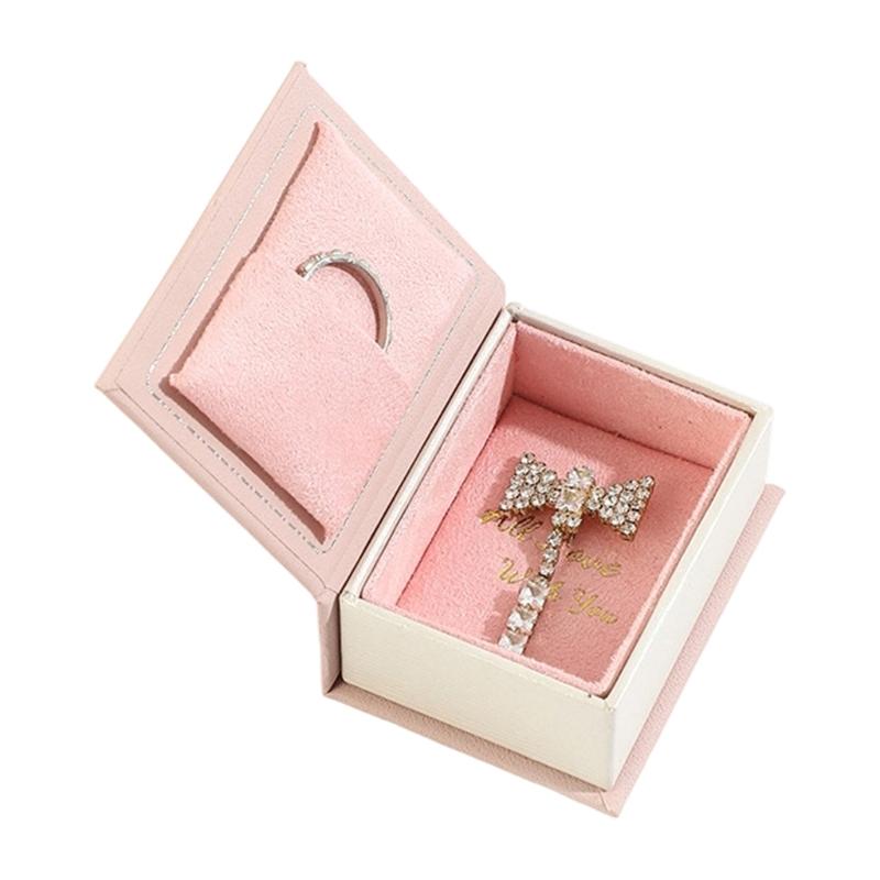 Jewelry Presentation Box with Book Style Flip Lid, Soft Lined Ring Holder Panel and Display Space for Gift Packaging