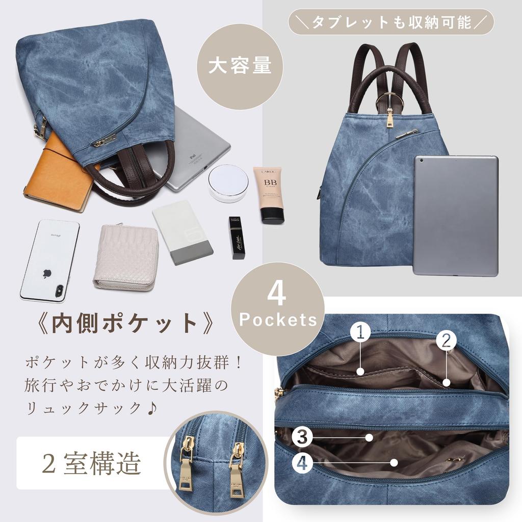 Guccio Shoulder Leather for Adults and Business 3-Way Backpack, Bag, Handbag, Women's Backpack, Lightweight, (Denim-Style Blue)