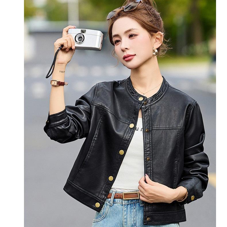 New small stand-up collar simple wind locomotive suit leather jacket short jacket women's autumn and winter loose casual PU fashion versatile