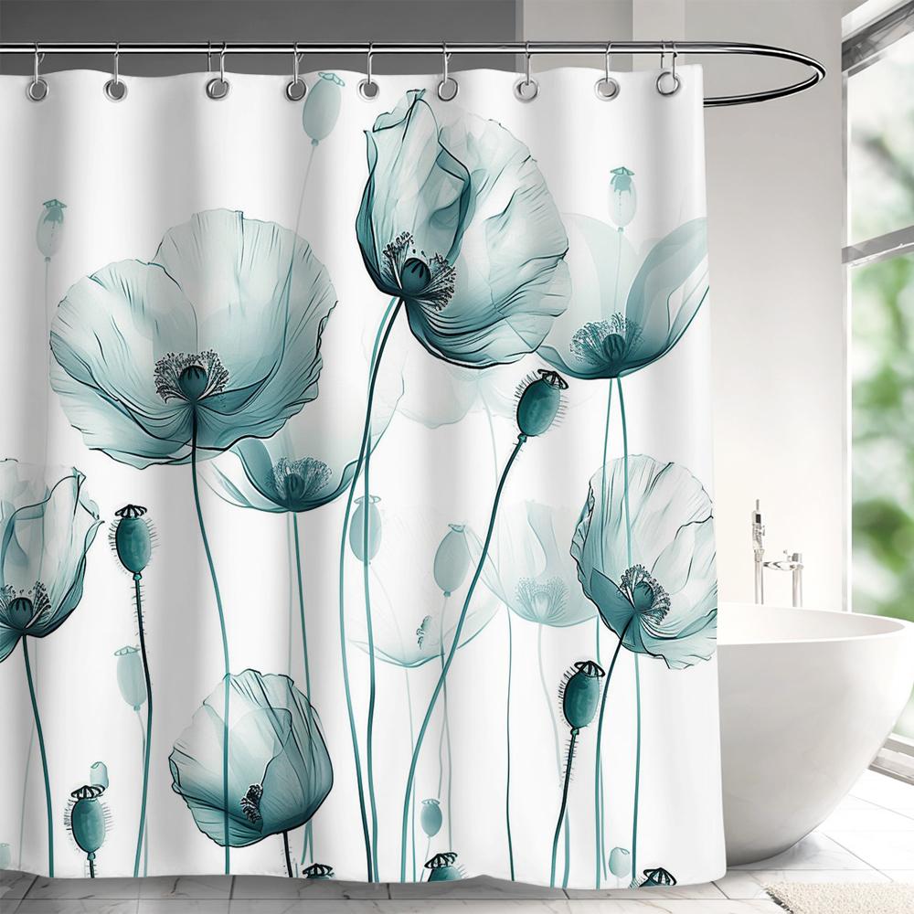 1 Piece Floral Printed Polyester Shower Curtain - No Drilling Required, Machine Washable Bathroom Decor, Machine Washable Fabric
