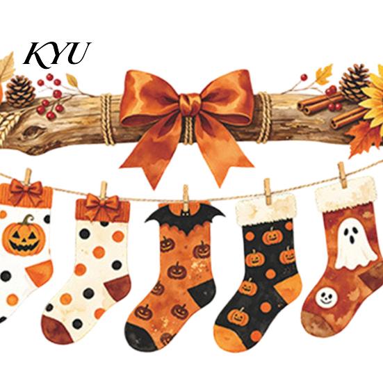 Halloween Glass Decorations Hanging Socks Window Stickers, Decorative Branch Pumpkin Popcorn & Bow Decals for Autumn Maple Leaf Harvest Festival