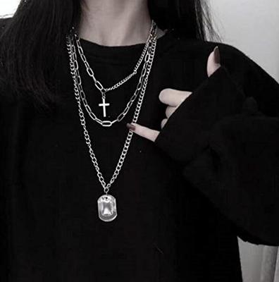 Fashion Hip Hop Multilayer Necklace Metal Cross Pendant Silver Color Chain Necklace for Women Men Unisex