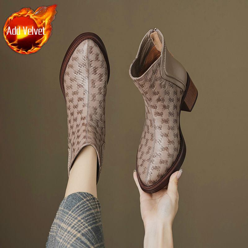 Módní kožené dámské kotníkové boty s fleecovou podšívkou Elegantní luxusní Y2k boty na podpatku Dámské krátké boty Novinka podzim zima Špičaté kotníkové boty