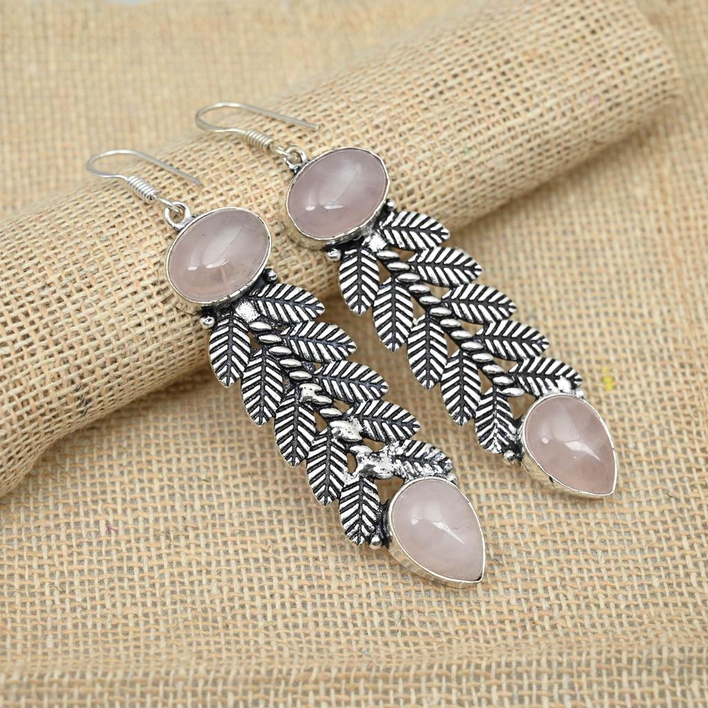 Rose Quartz Gemstone Solid 925 Sterling Silver Jewelry Wonderful Earrings For Gifts