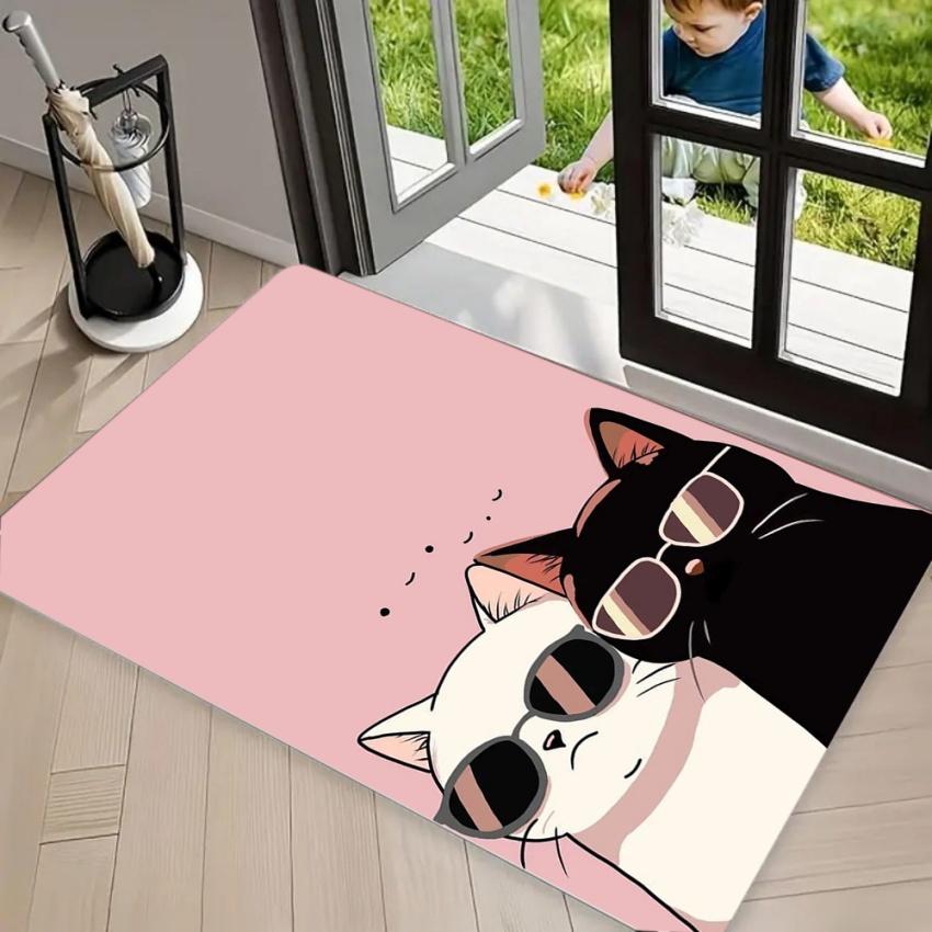 Floral Black Cat Area Rug Carpet Non Slip Floor Mat with Pastel Wildflower Print Washable Welcome Rug for Front Door Entryway
