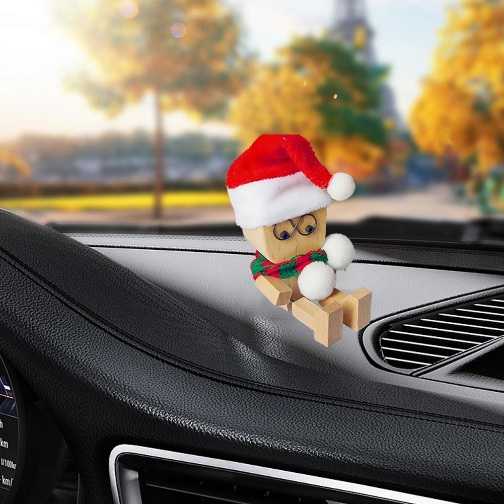 1PCS Christmas Style Wooden Man Car Decor Ornament Swinging Leg Stress Relief Toy Natural Wood Auto Interior Accessories