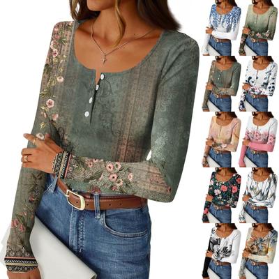 Women's Slim Bottom T-shirt Fashion Casual Gradient Printing Round Neck Pullover Long Sleeve Top