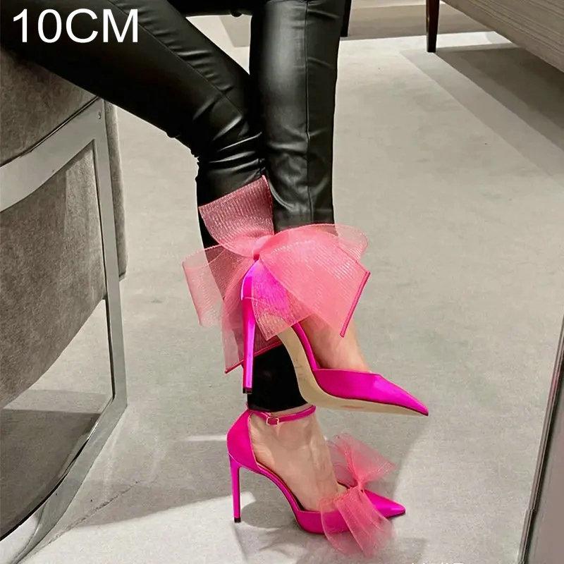 Fashion New One-Line Buckle Sandals Women'S Thin Heels With Bow Dinner Shoes Bun Head High Heels Pointed Shallow Mouth Single Shoes