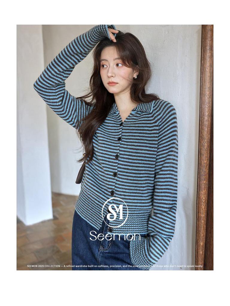 Korean Style Striped Long Sleeve Knitted Cardigan - Petite Unique Exquisite Autumn 2025 Collection