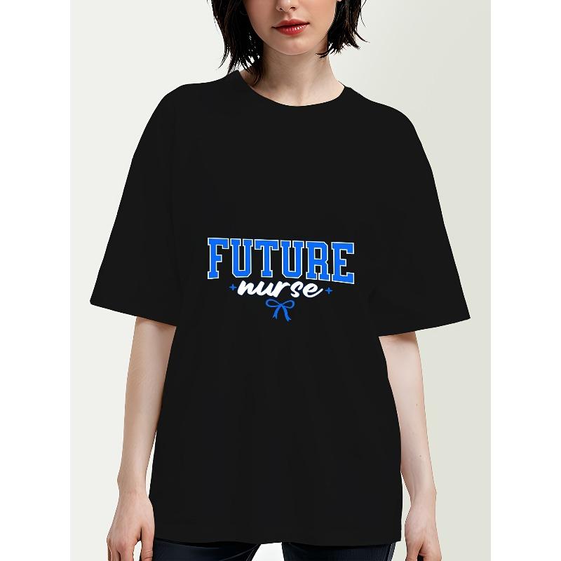 

Women S Casual Fashion Trendy T-Shirt Future Nurse Dream Set Sail Print Pattern European And American Style Round Neck T-Shirt 4XL чорний