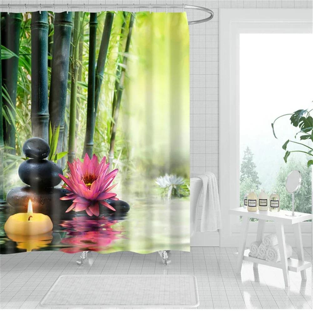 Landscape Flowers Plants Shower Curtains Bamboo Zen Stone Lotus Flower Bath Curtain 3D Printing Waterproof Home Bathroom Decor