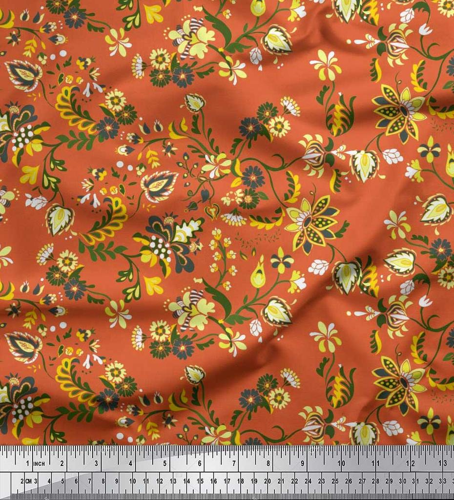 Soimoi Japan Crepe Satin Fabric Leaves & Floral Artistic Decor Fabric Printed Metre 42 Inch
