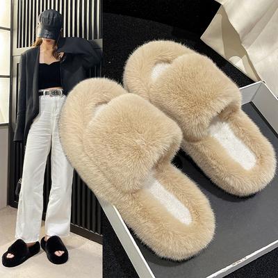 Mao Mao Slippers Women's Heightened Thick-soled Outer Wear Fashion Plush One-word Drag Autumn and Winter Comfortable Home Cotton Slippers
