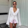 1116 Autumn French Commuter Ruffle Chiffon Shirt Femininity Fashion V-neck Lace-up Long-sleeved Top Women's Clothing