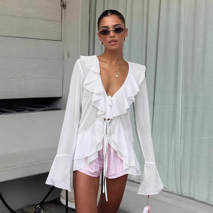 1116 Autumn French Commuter Ruffle Chiffon Shirt Femininity Fashion V-neck Lace-up Long-sleeved Top Women's Clothing