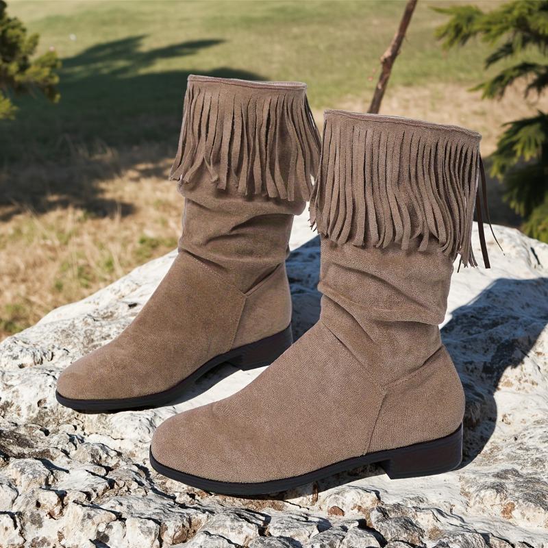 

Винтажные матовые ботильоны с кисточками, женские осенние новые ботинки в западном стиле с круглым носком, натягивающиеся на ногу, с мягкой подошвой, нескользящие, средней высоты 42 хаки
