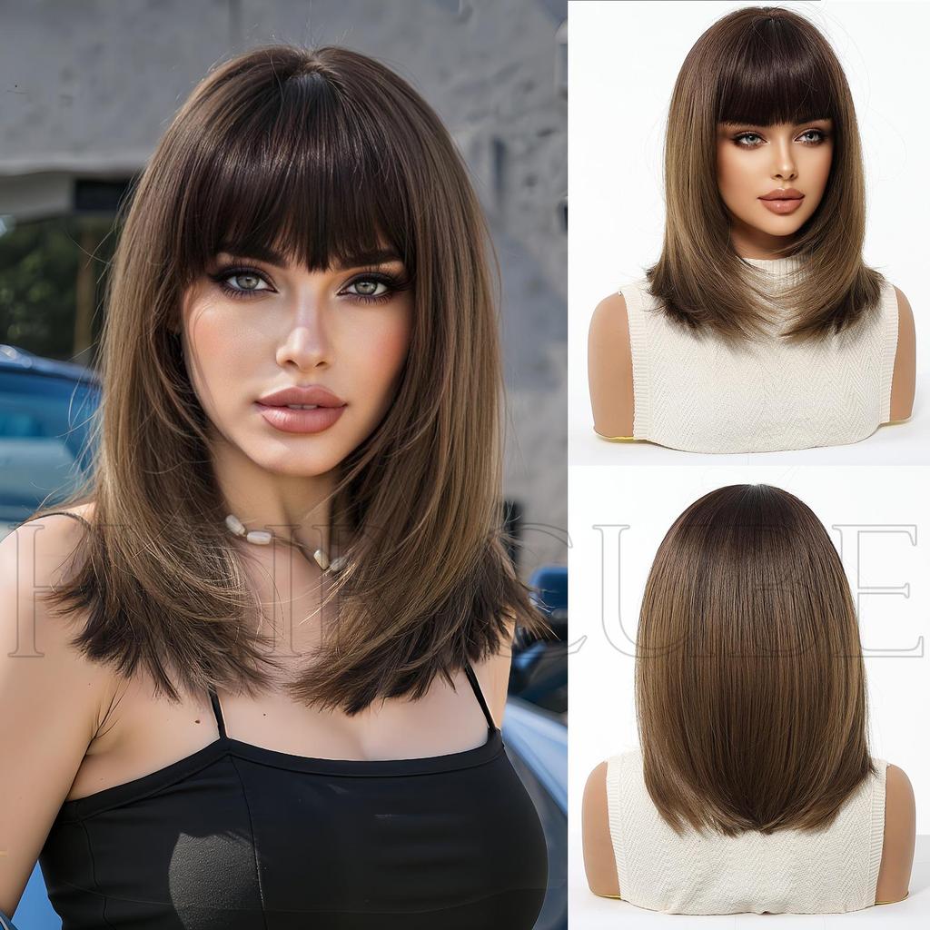 European Style Brown Medium Long Wig with Full Bangs for Women - High-Temperature Fiber
