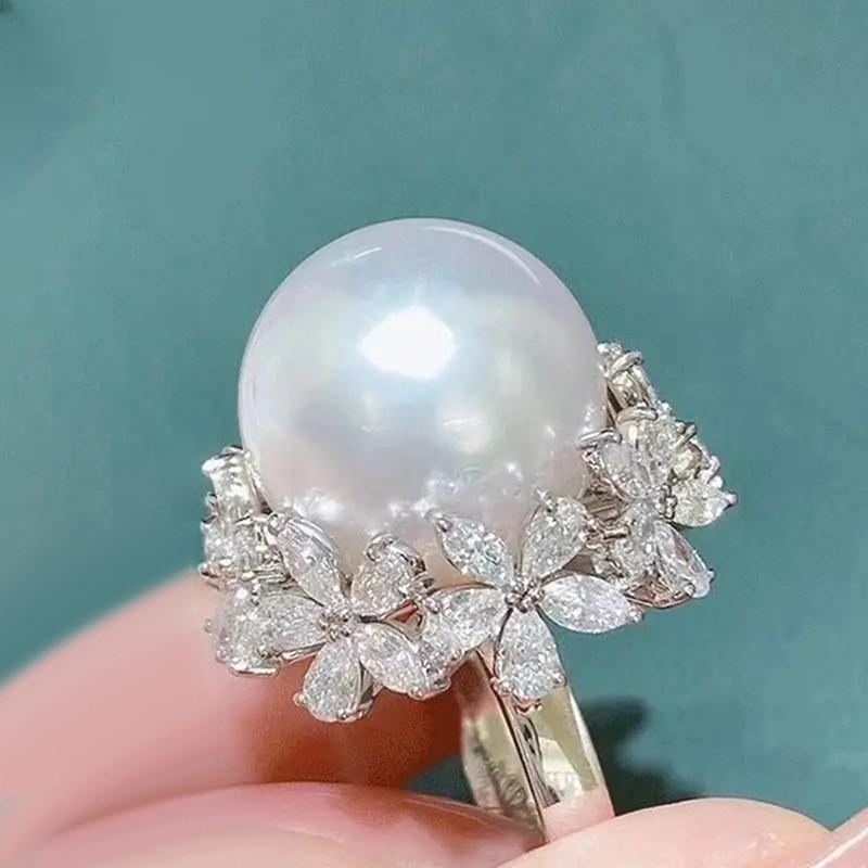 CopperBig Round Pearl Rings for Women Romantic AAA Cubic Zirconia Flower Bridal Wedding Elegant Lady Jewelry 9