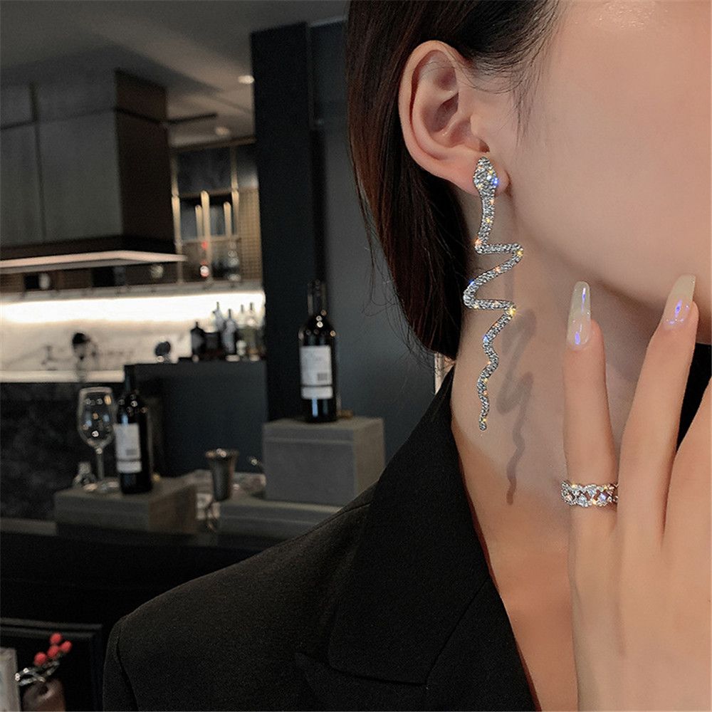 Wedding Rhinestone Women Dangle Earring Long Tassel Crystal Drop Earrings Snake Shape