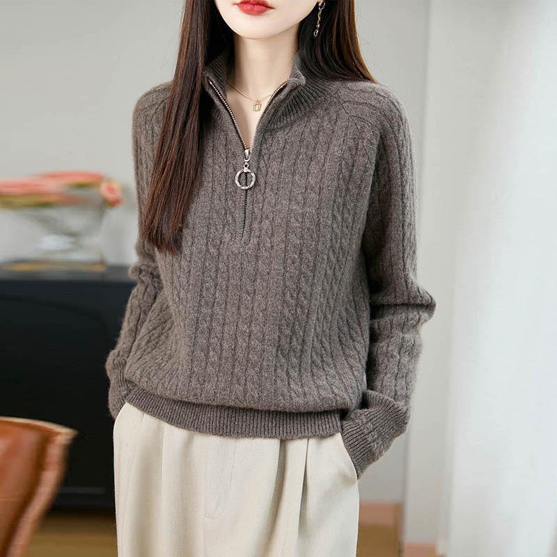 Elegant Pure Wool Cable Knit Sweater: Women's Half-High Collar, Zipper, Long Sleeve, Loose Fit