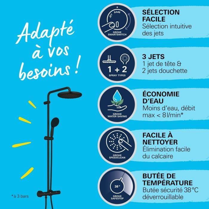 Colonne de douche avec mitigeur thermostatique - Economie d'eau - GROHE Vitalio Start System 250 - Noir Mat - 266772431