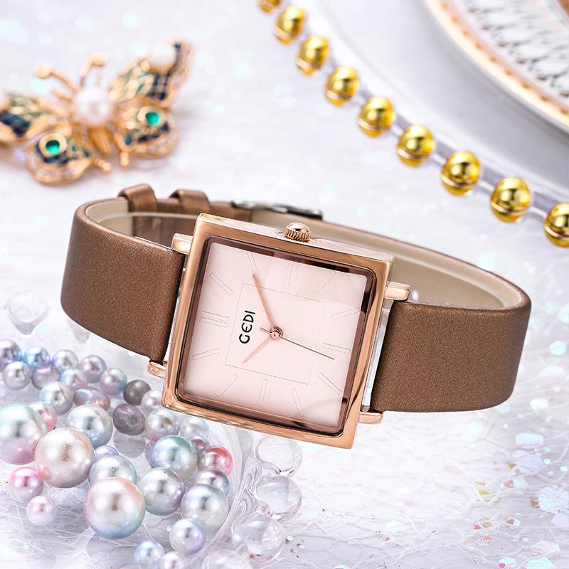 Gedi Damen Retro Großes Zifferblatt Quadratisches Lederarmband Wasserdicht Quarz Uhr mit Datum