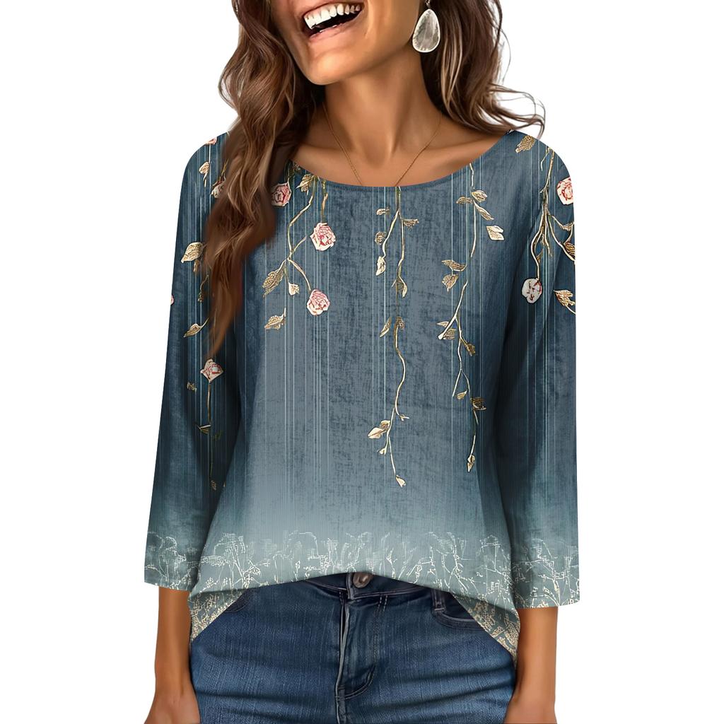 Women's Fashionable Casual Round Neck  3/4 Sleeve  Printed T-Shirt Top