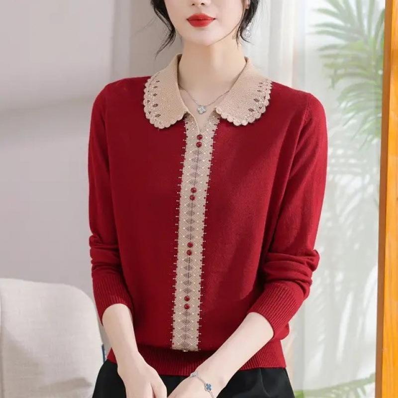

Mom Wear Spring Autumn Square Neck Color Block Fashion Elderly Women Elegant Blouse 3XL красный