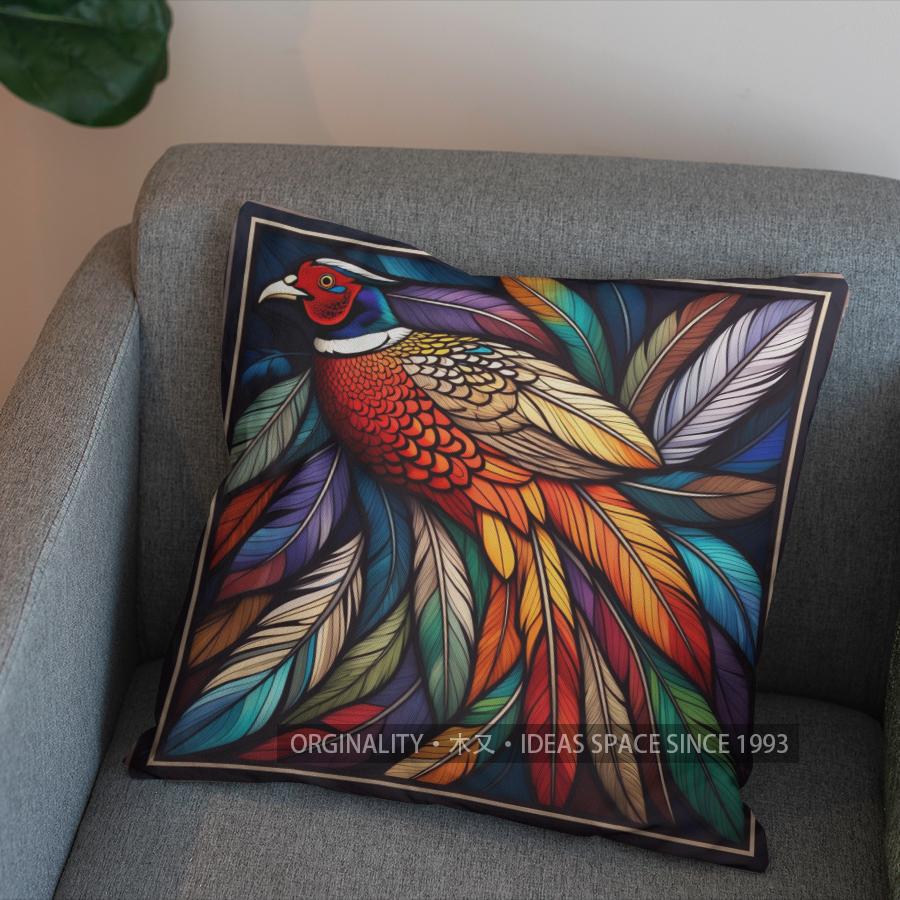 2D Colorful Pheasant Stained Glass Style Pillow Cover Pattern Cushion Cover Suitable For Sofa Bedroom Car Pillow Cover