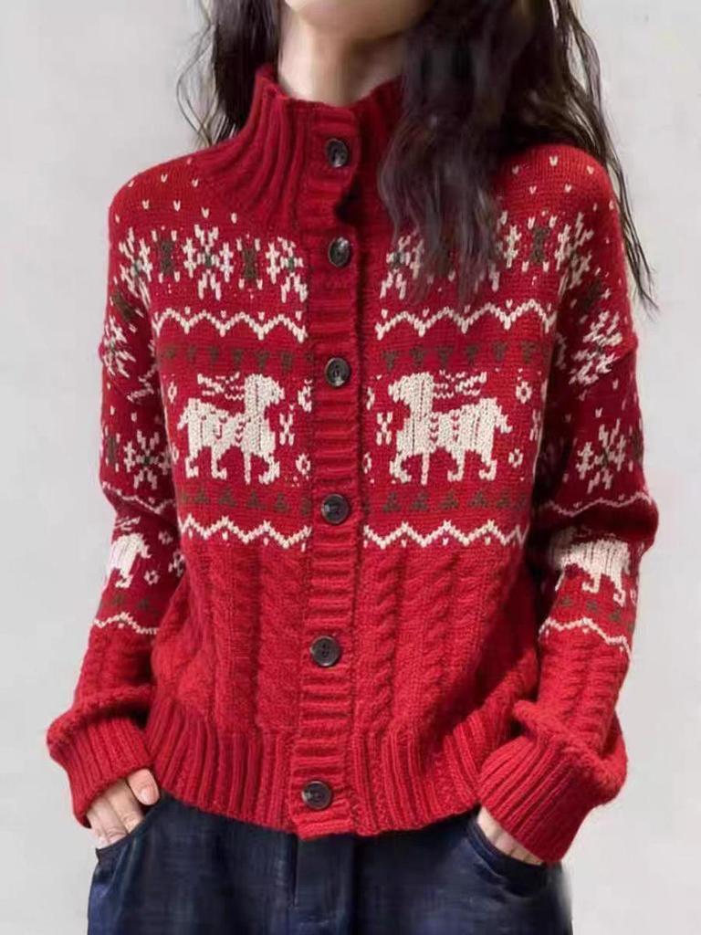 100% Wool Women's Cable Knit Color Block Sweater - Thick, Loose, Lazy Style for Autumn/Winter