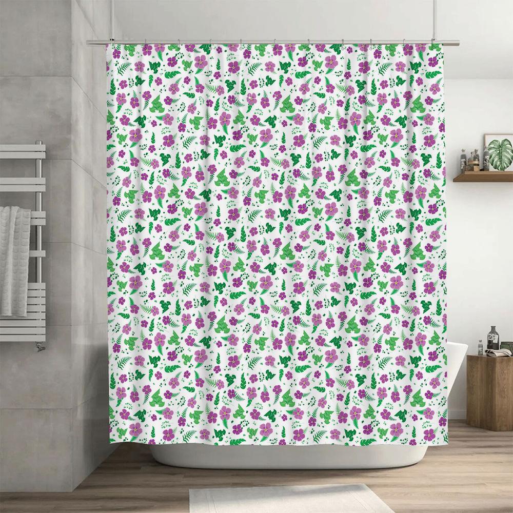 Delightful Floral Shower Curtain Purple Green Pattern Polyester Fabric Perfect for Bathrooms Decor Ready-to-ship