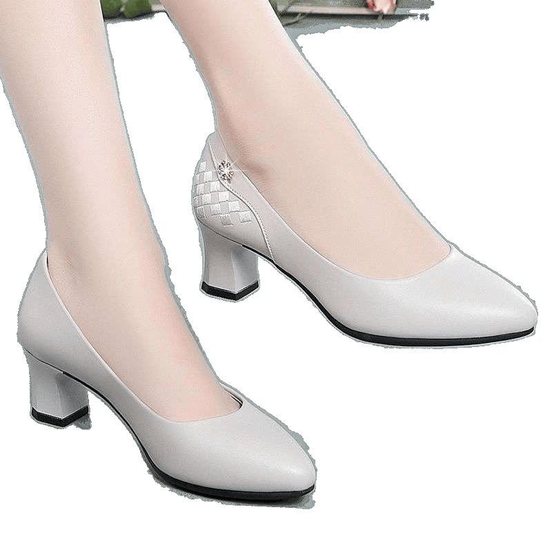Work Shoes Versatile Medium Heel Single Shoes Women's 2025 Spring New Leather Shoes Pointed Thick Heel Versatile Shallow Mouth Women's Shoes