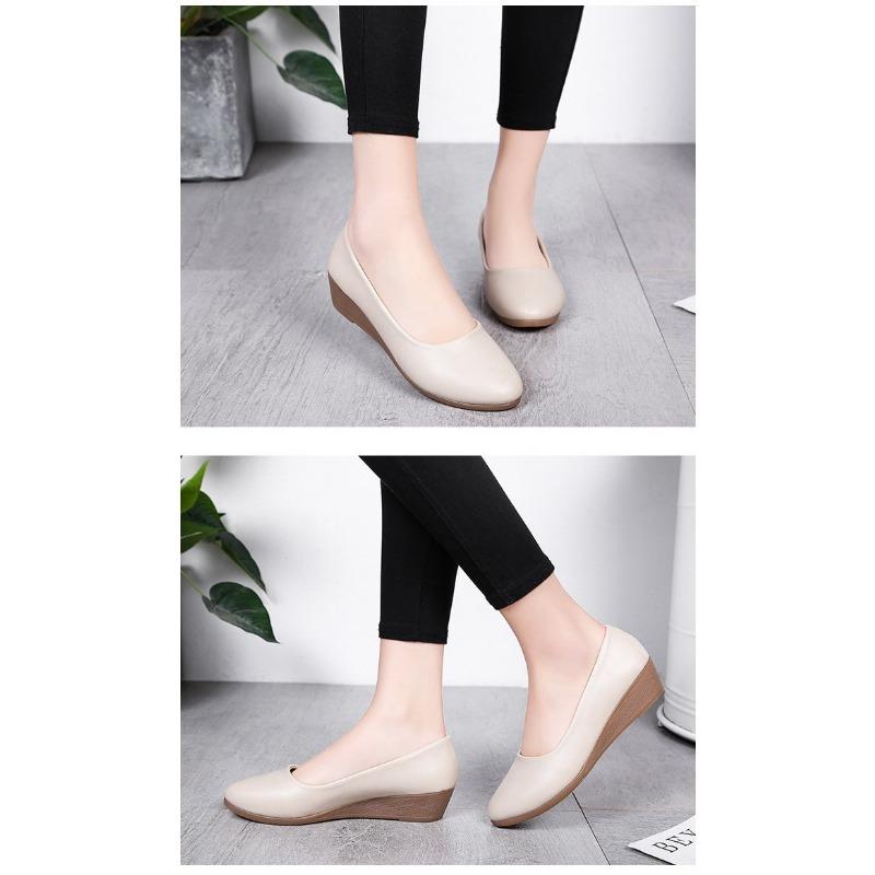 Women's Spring and Autumn New Women's Single Shoes Pointed Toe Slope Small Leather Shoes Shallow Mouth Work Mother Shoes Trend