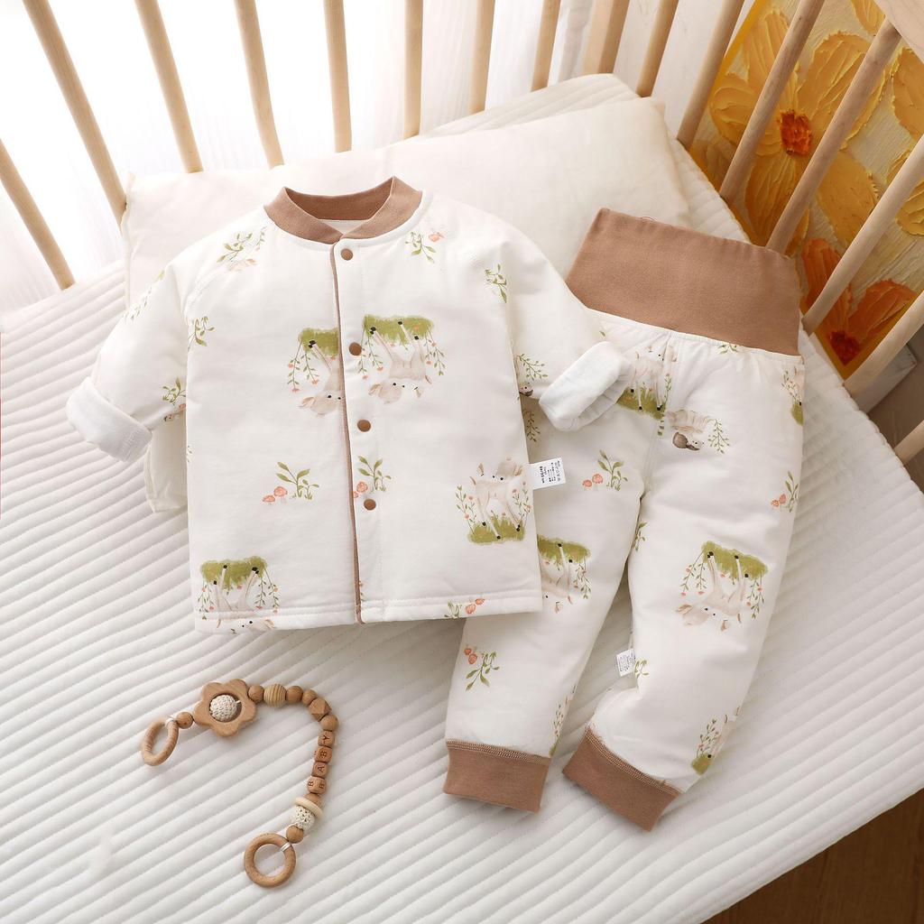 Baby Quilted Warm Set: High-Waist Belly Protection Cotton Pajamas for Autumn/Winter