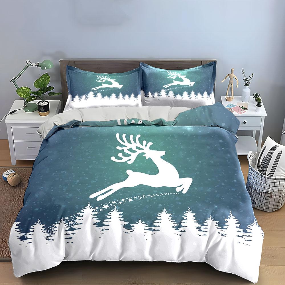 Winter Reindeer Forest Scene Bedding Duvet Cover Set Duvet Cover Pillowcases  (1*Duvet Cover 2*Pillowcases, Without Duvet Insert)