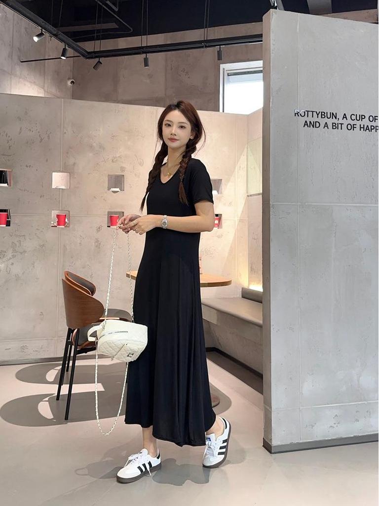 Modal V-Neck Plus Size Casual Long Dress - Women's Spring/Summer