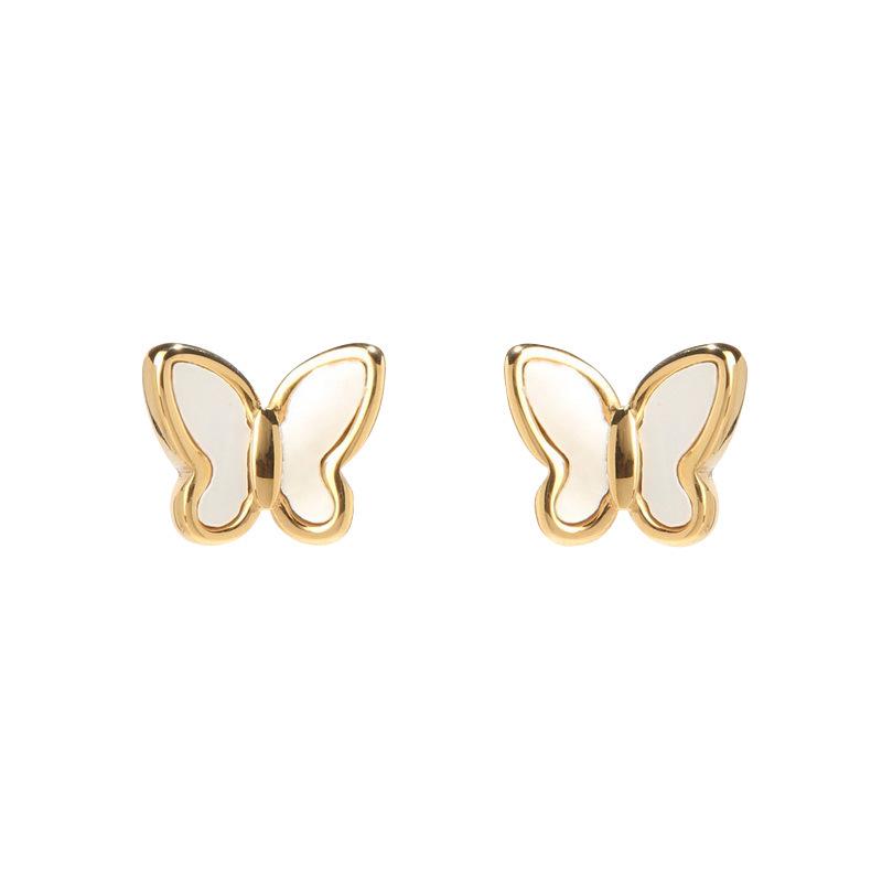 Japanese Style 3D Butterfly White Mother-of-Pearl Stud Earrings, Titanium Steel with 18K Gold Plating - Elegant Internet Celebrity Ear Accessories.