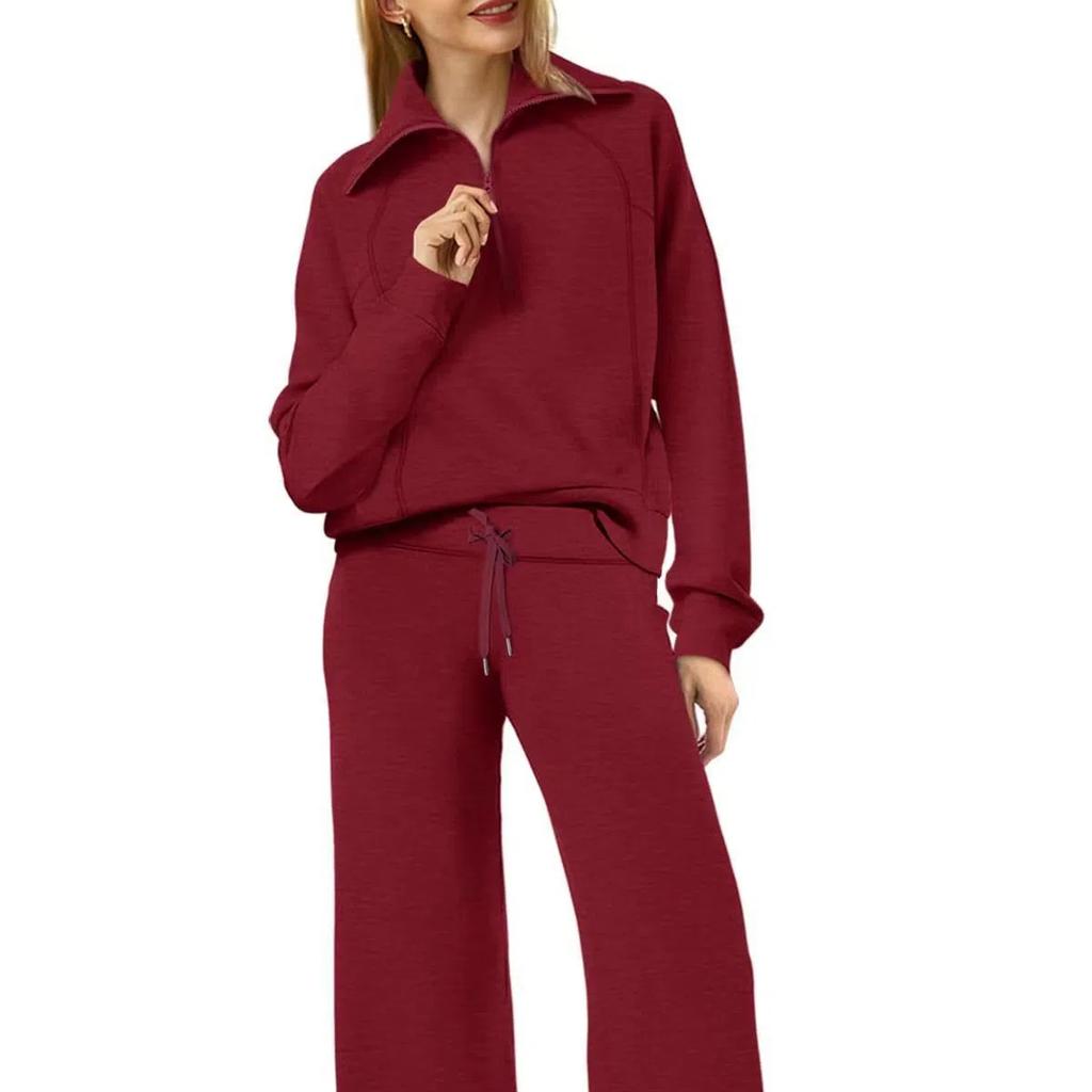 Women's 2 Piece Outfits Casual Lapel Half Zip Sweatshirts And Wide Leg Pants Tracksuit Sets