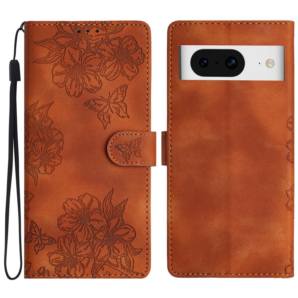 For Google Pixel 8 Case PU Leather Wallet Phone Cover Imprinted Butterfly Flowers Wrist Strap